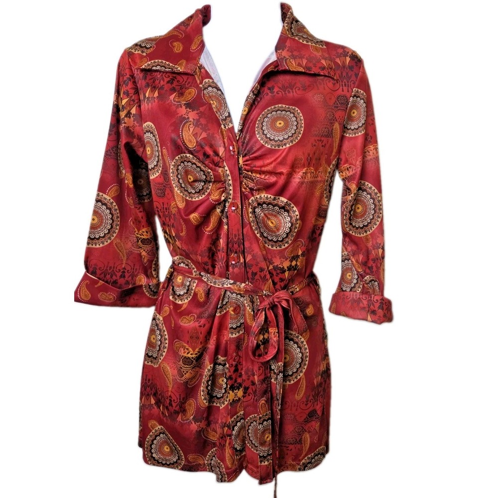 Vintage 1970s Tunic Mini Shirt Dress Medallion Paisley Juniors Rule Holliday's L